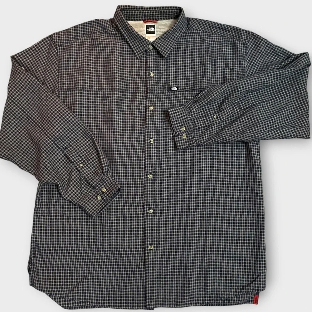 The North Face Button Up Shirt Men XL Blue Grid Hiking Utility Hiking‎ Outdoor
